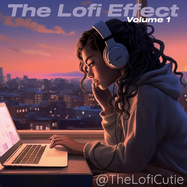 Volume 1 cover: a girl in headphones at a laptop, city rooftops and a pink sunset through the window