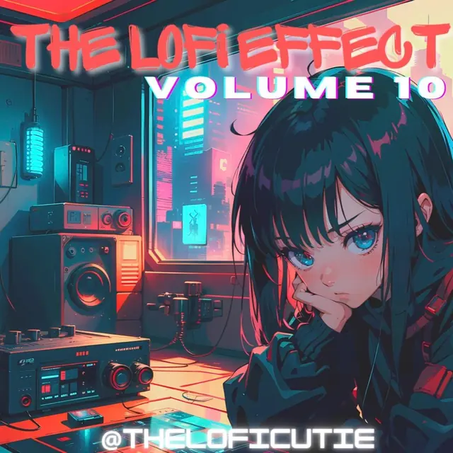 Volume 10 cover: a girl resting her chin on her hand at a desk of neon lit audio gear, night city outside