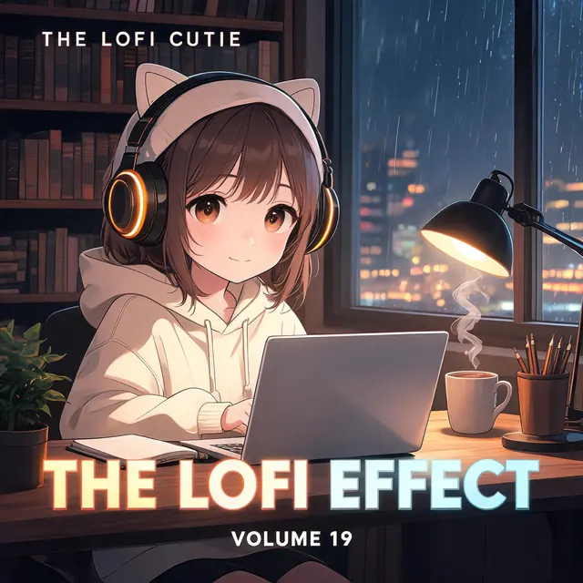Volume 19 cover: a girl in cat ear headphones typing at a laptop, rain on the window, a lamp and a mug on the desk